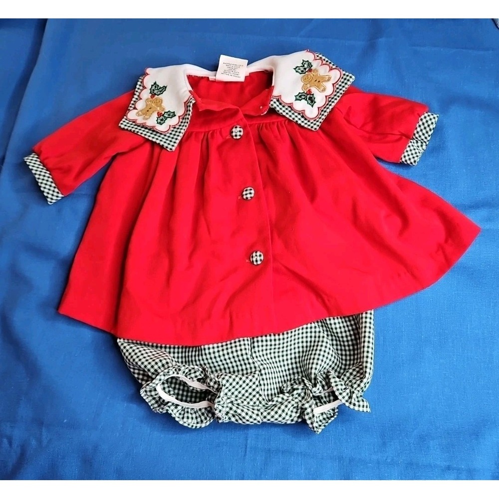 Bonnie Baby‎ Red Plaid Christmas Dress GINGERBREAD MAN Embroidered Gingham 2 Pc